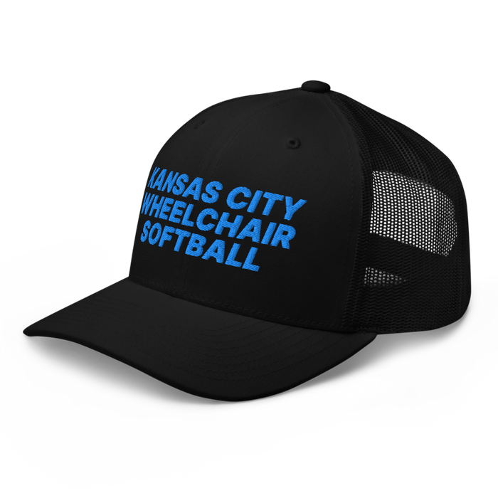 Front left angle of the MAS Kansas City Wheelchair Softball Black Curved Bill Trucker Snapback against a white background