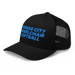 Front left angle of the MAS Kansas City Wheelchair Softball Black Curved Bill Trucker Snapback against a white background