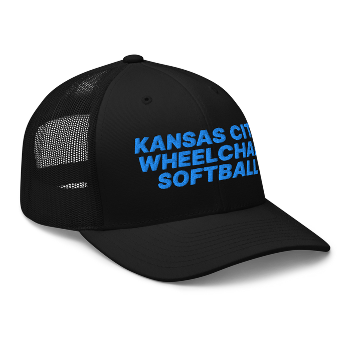 Front right angle of the MAS Kansas City Wheelchair Softball Black Curved Bill Trucker Snapback against a white background