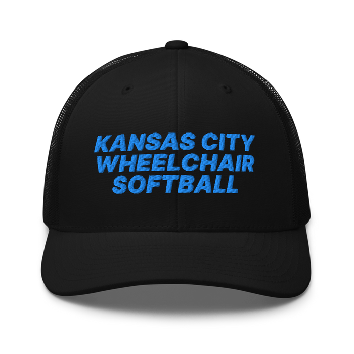 Front angle of the MAS Kansas City Wheelchair Softball Black Curved Bill Trucker Snapback against a white background
