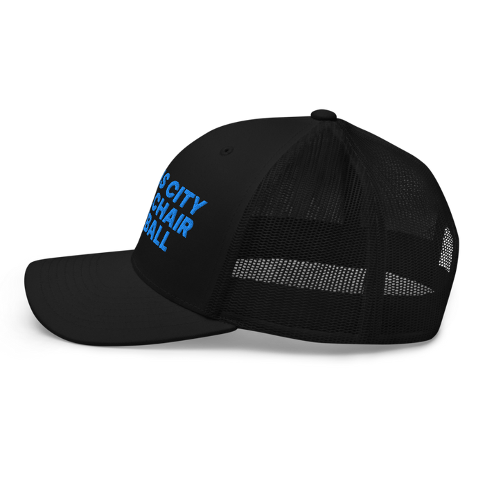 Left angle of the MAS Kansas City Wheelchair Softball Black Curved Bill Trucker Snapback against a white background