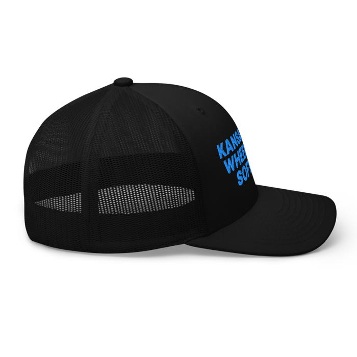 Right angle of the MAS Kansas City Wheelchair Softball Black Curved Bill Trucker Snapback against a white background