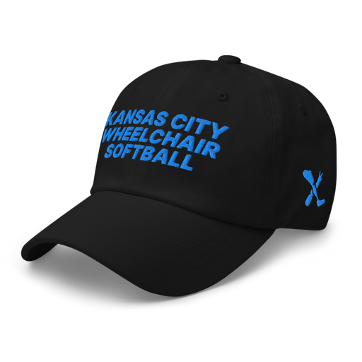Front left angle of the MAS Kansas City Wheelchair Softball Black Dad Hat against a white background