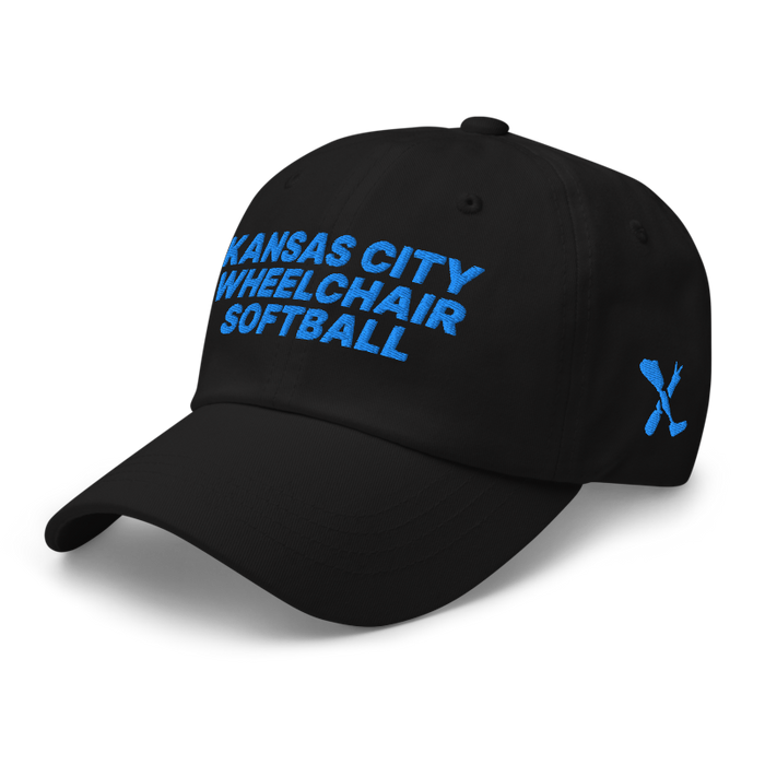 Front left angle of the MAS Kansas City Wheelchair Softball Black Dad Hat against a white background