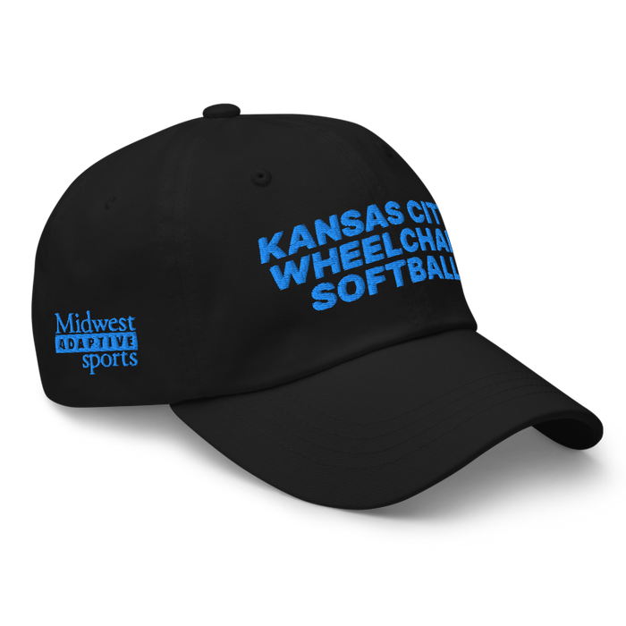 Front right angle of the MAS Kansas City Wheelchair Softball Black Dad Hat against a white background