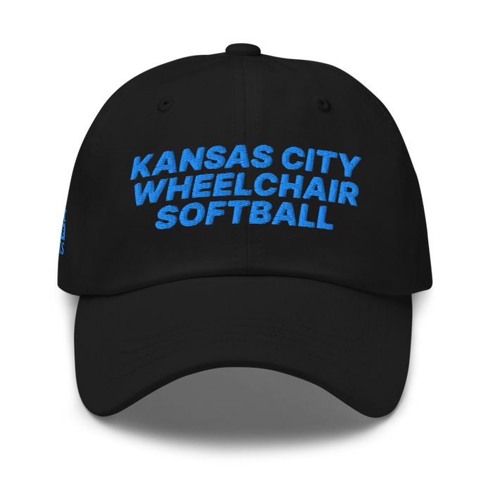 Front angle of the MAS Kansas City Wheelchair Softball Black Dad Hat against a white background