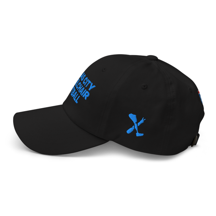 Left angle of the MAS Kansas City Wheelchair Softball Black Dad Hat against a white background