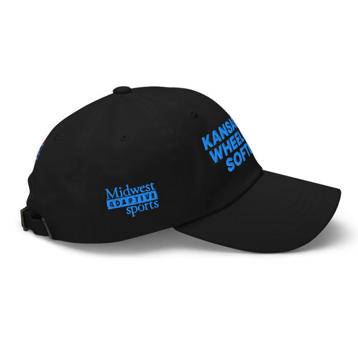 Right angle of the MAS Kansas City Wheelchair Softball Black Dad Hat against a white background
