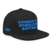 Front right angle of the MAS Kansas City Wheelchair Softball Black Flat Bill Snapback against a white background
