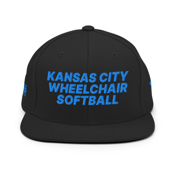 Front angle of the MAS Kansas City Wheelchair Softball Black Flat Bill Snapback against a white background