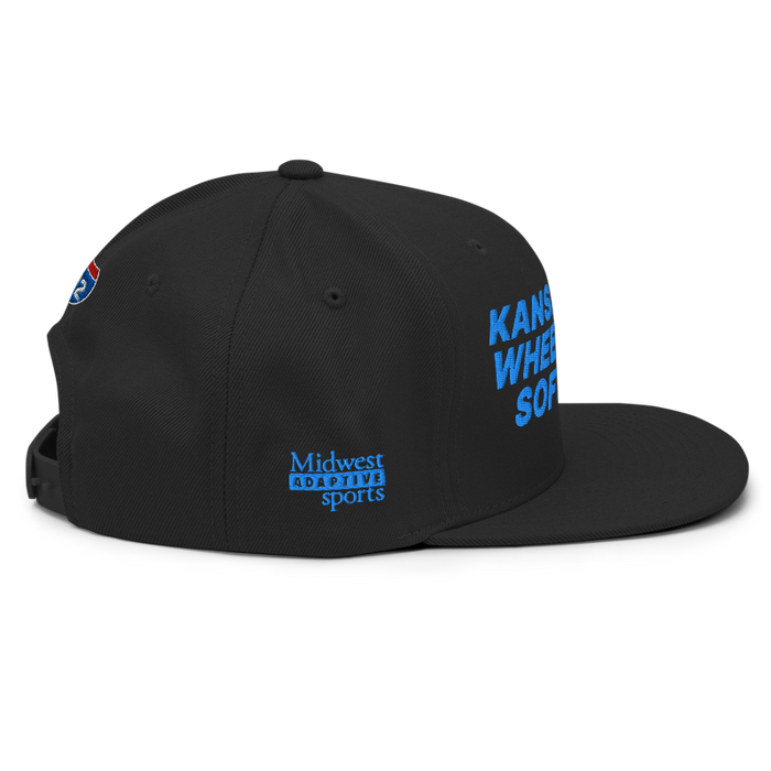 Right angle of the MAS Kansas City Wheelchair Softball Black Flat Bill Snapback against a white background