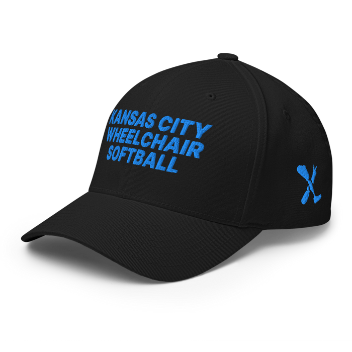 Front left angle of the MAS Kansas City Wheelchair Softball Black Flexfit Curved Bill Fitted against a white background