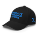 Front left angle of the MAS Kansas City Wheelchair Softball Black Flexfit Curved Bill Fitted against a white background