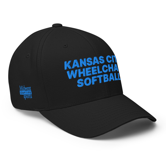 Front right angle of the MAS Kansas City Wheelchair Softball Black Flexfit Curved Bill Fitted against a white background