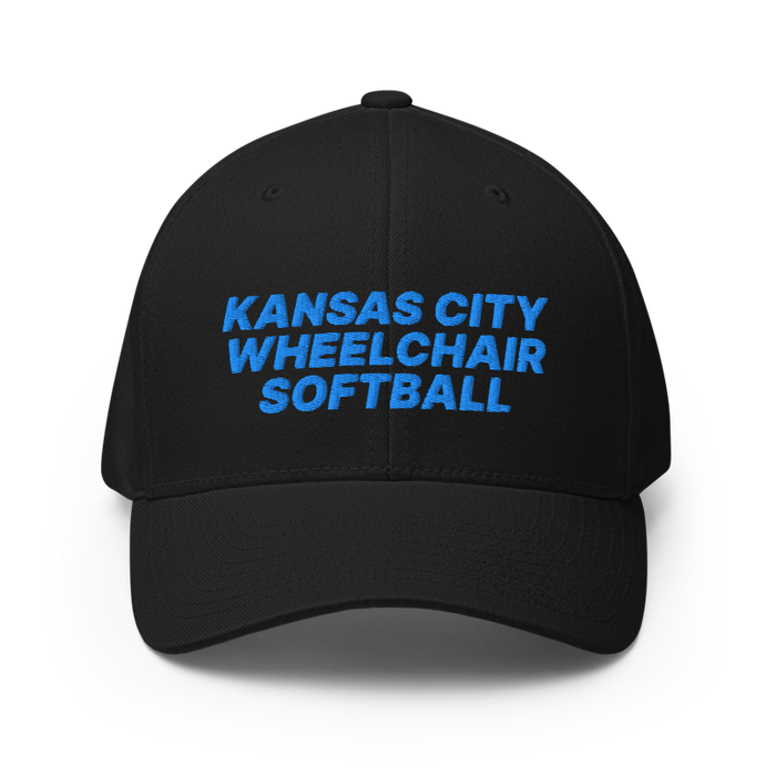 Front angle of the MAS Kansas City Wheelchair Softball Black Flexfit Curved Bill Fitted against a white background