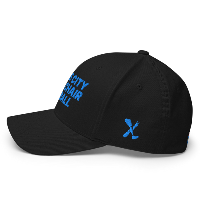Left angle of the MAS Kansas City Wheelchair Softball Black Flexfit Curved Bill Fitted against a white background
