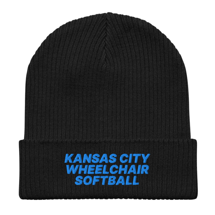 Front angle of the MAS Kansas City Wheelchair Softball Black Organic Beanie laid flat against a white background