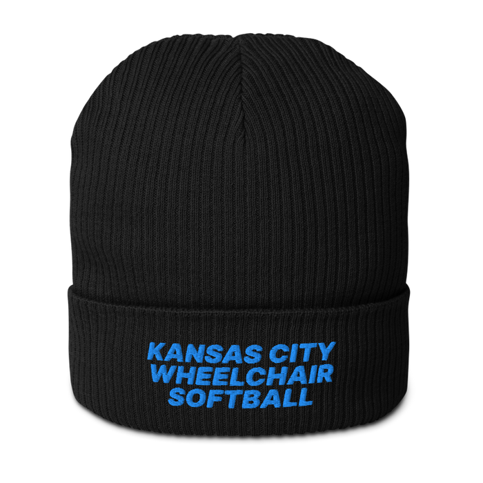 Front angle of the MAS Kansas City Wheelchair Softball Black Organic Beanie against a white background