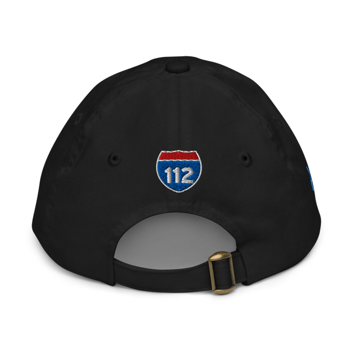 Back angle of the MAS Kansas City Wheelchair Softball Black Youth Dad Hat against a white background