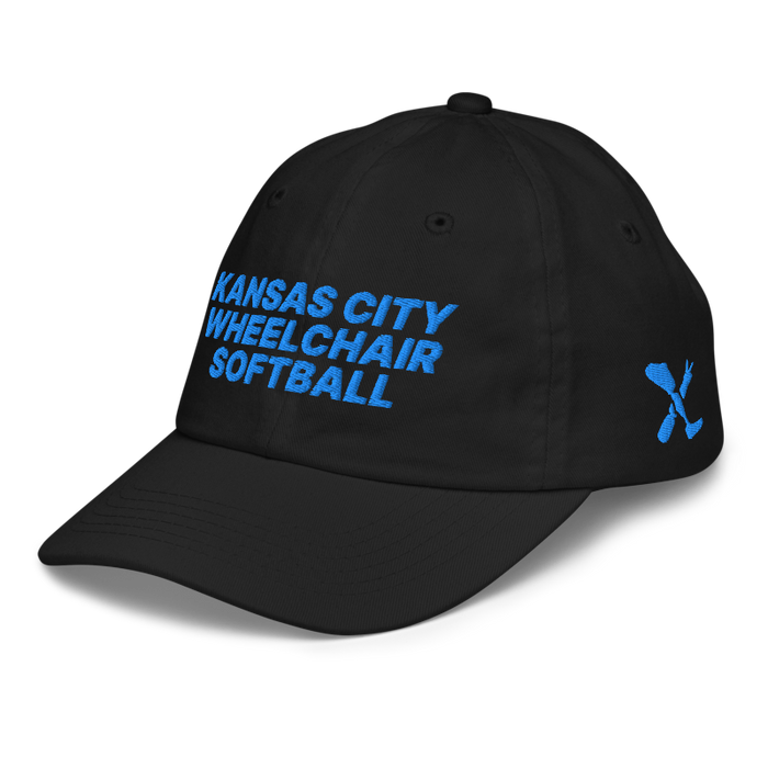 Front left angle of the MAS Kansas City Wheelchair Softball Black Youth Dad Hat against a white background
