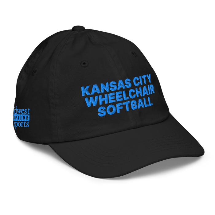 Front right angle of the MAS Kansas City Wheelchair Softball Black Youth Dad Hat against a white background