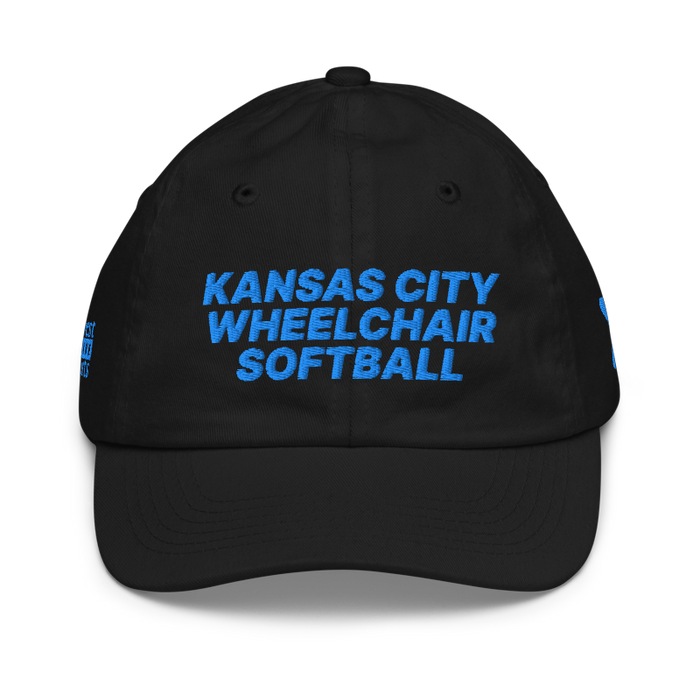 Front angle of the MAS Kansas City Wheelchair Softball Black Youth Dad Hat against a white background