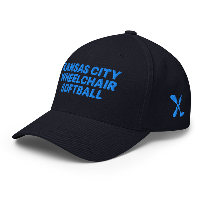 Front left angle of the MAS Kansas City Wheelchair Softball Dark Navy Flexfit Curved Bill Fitted against a white background