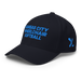 Front left angle of the MAS Kansas City Wheelchair Softball Dark Navy Flexfit Curved Bill Fitted against a white background