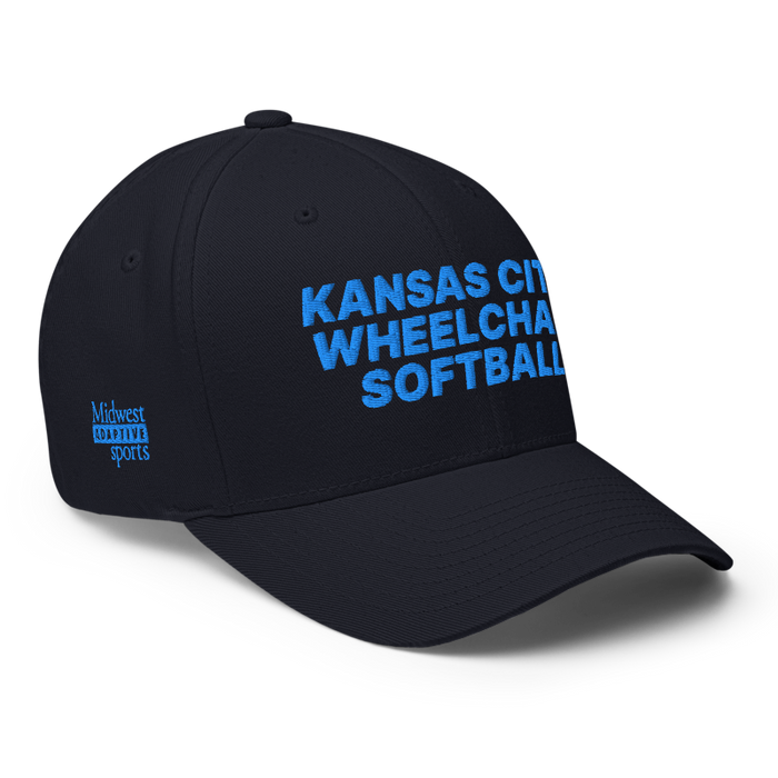 Front right angle of the MAS Kansas City Wheelchair Softball Dark Navy Flexfit Curved Bill Fitted against a white background