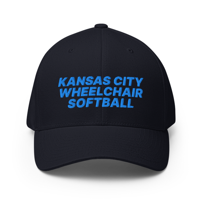 Front angle of the MAS Kansas City Wheelchair Softball Dark Navy Flexfit Curved Bill Fitted against a white background