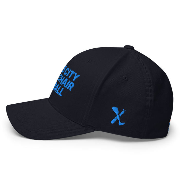 Left angle of the MAS Kansas City Wheelchair Softball Dark Navy Flexfit Curved Bill Fitted against a white background