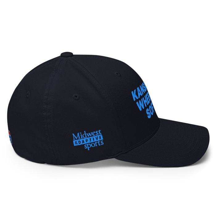 Right angle of the MAS Kansas City Wheelchair Softball Dark Navy Flexfit Curved Bill Fitted against a white background