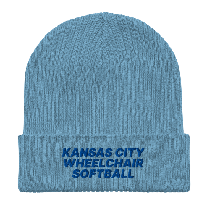 Front angle of the MAS Kansas City Wheelchair Softball Light Avio Blue Organic Beanie laid flat against a white background