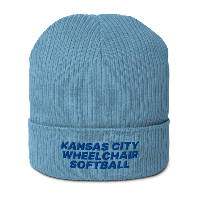 Front angle of the MAS Kansas City Wheelchair Softball Light Avio Blue Organic Beanie against a white background
