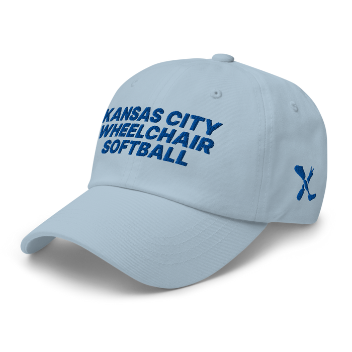 Front left angle of the MAS Kansas City Wheelchair Softball Light Blue Dad Hat against a white background