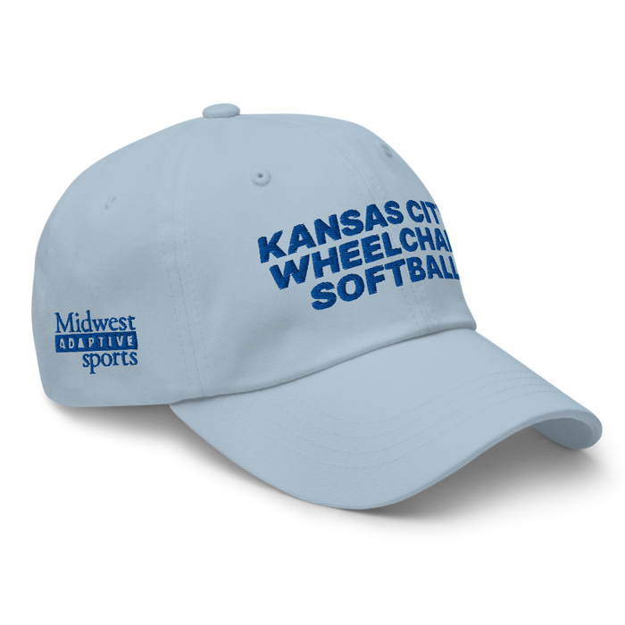 Front right angle of the MAS Kansas City Wheelchair Softball Light Blue Dad Hat against a white background