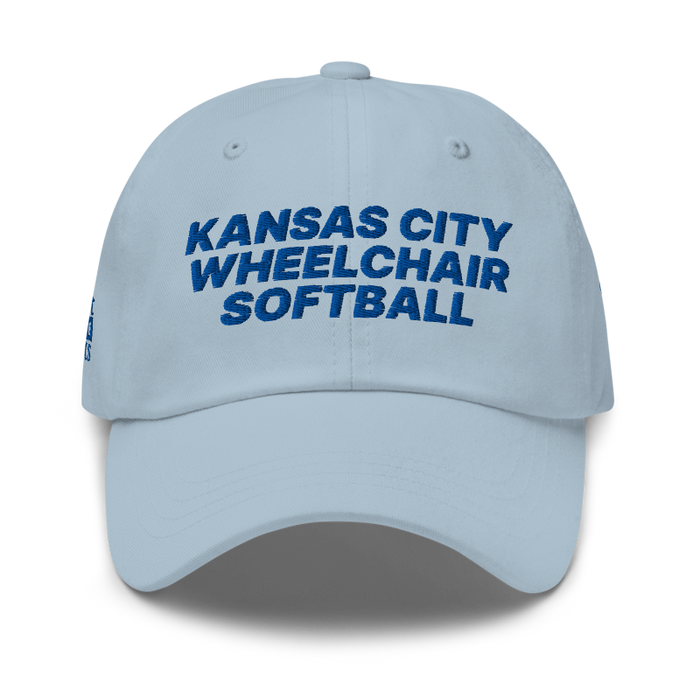 Front angle of the MAS Kansas City Wheelchair Softball Light Blue Dad Hat against a white background