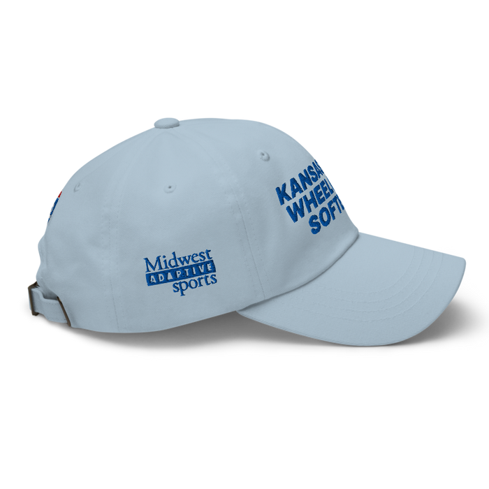 Right angle of the MAS Kansas City Wheelchair Softball Light Blue Dad Hat against a white background