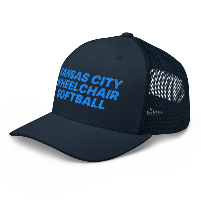 Front left angle of the MAS Kansas City Wheelchair Softball Navy Curved Bill Trucker Snapback against a white background