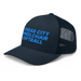 Front left angle of the MAS Kansas City Wheelchair Softball Navy Curved Bill Trucker Snapback against a white background