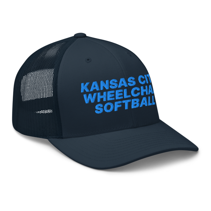 Front right angle of the MAS Kansas City Wheelchair Softball Navy Curved Bill Trucker Snapback against a white background