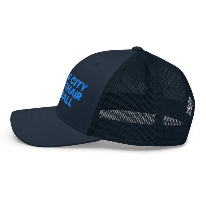 Left angle of the MAS Kansas City Wheelchair Softball Navy Curved Bill Trucker Snapback against a white background