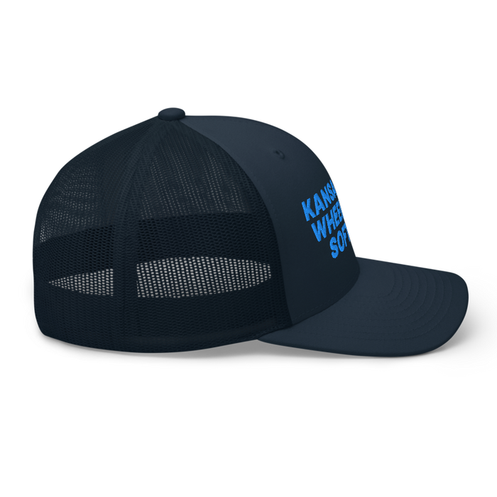 Right angle of the MAS Kansas City Wheelchair Softball Navy Curved Bill Trucker Snapback against a white background