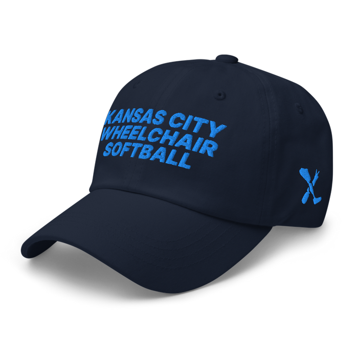Front left angle of the MAS Kansas City Wheelchair Softball Navy Dad Hat against a white background