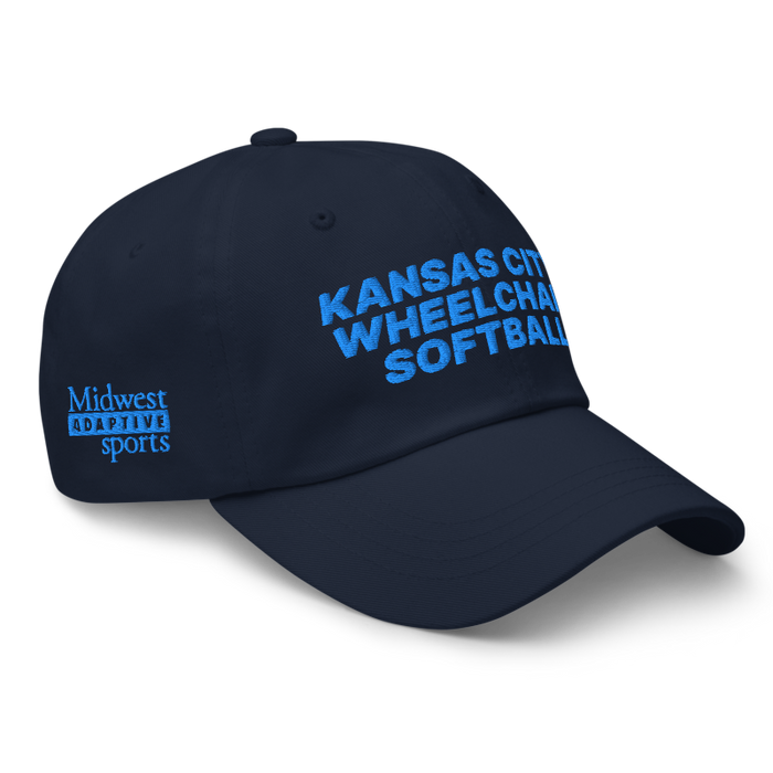 Front right angle of the MAS Kansas City Wheelchair Softball Navy Dad Hat against a white background