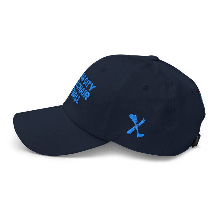 Left angle of the MAS Kansas City Wheelchair Softball Navy Dad Hat against a white background
