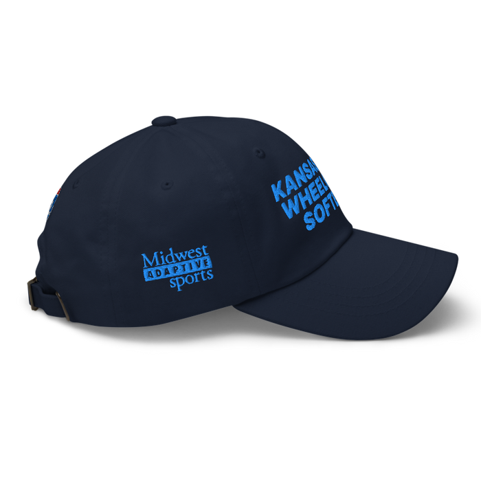 Right angle of the MAS Kansas City Wheelchair Softball Navy Dad Hat against a white background