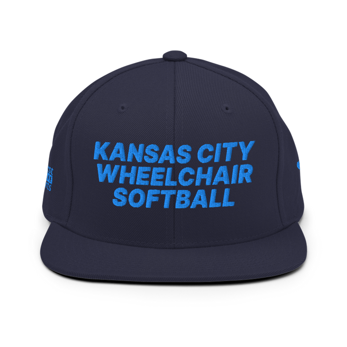 Front angle of the MAS Kansas City Wheelchair Softball Navy Flat Bill Snapback against a white background
