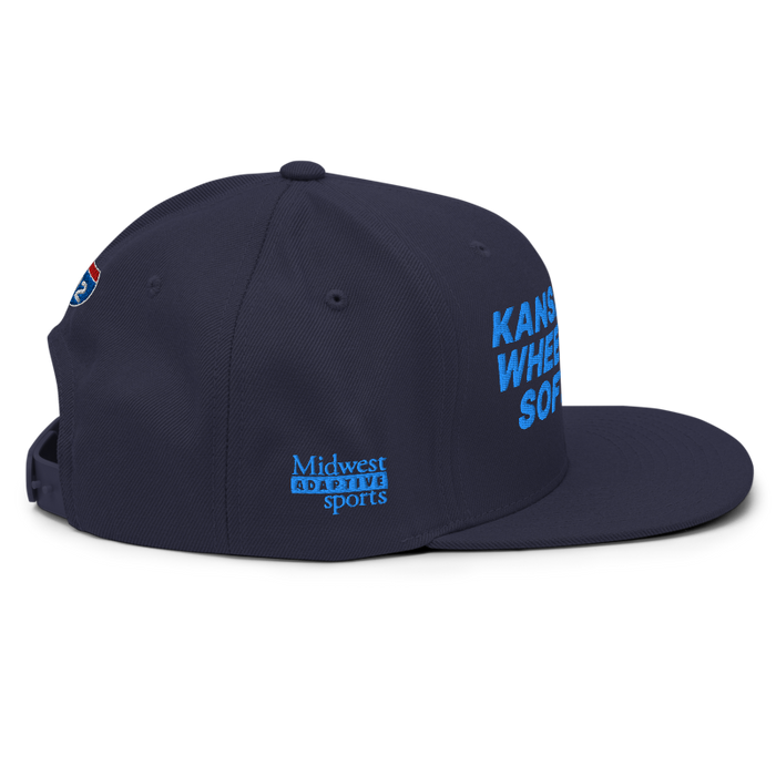 Right angle of the MAS Kansas City Wheelchair Softball Navy Flat Bill Snapback against a white background