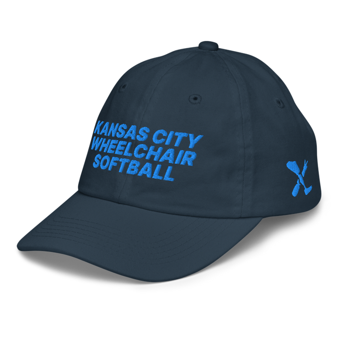 Front left angle of the MAS Kansas City Wheelchair Softball Navy Youth Dad Hat against a white background